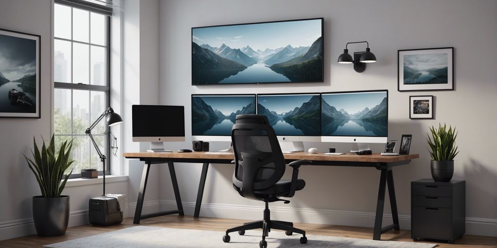 Dual monitor workspace setup with sleek desk, ergonomic chair, and minimalistic decor for productivity and comfort.