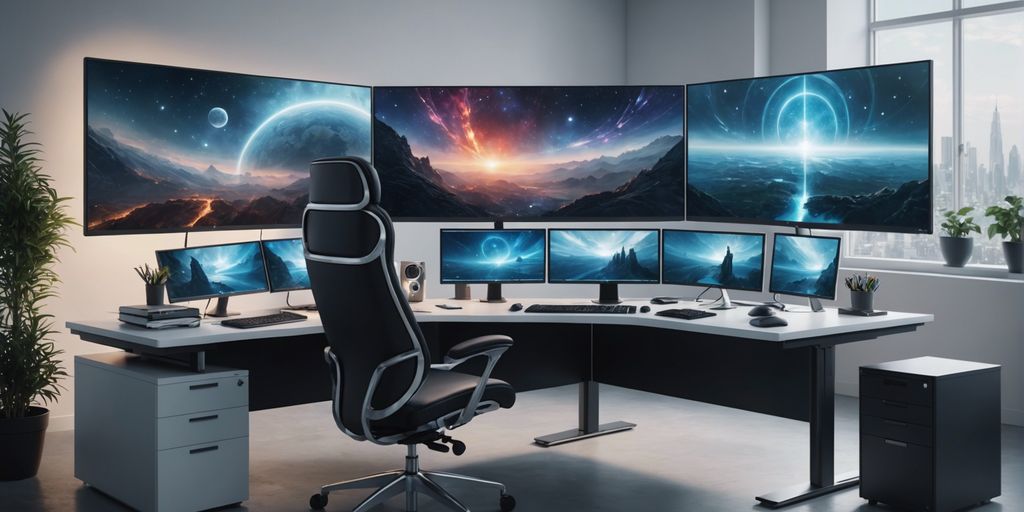 Refurbished computer setup on a clean desk in a modern office environment, showcasing a monitor, keyboard, and mouse.