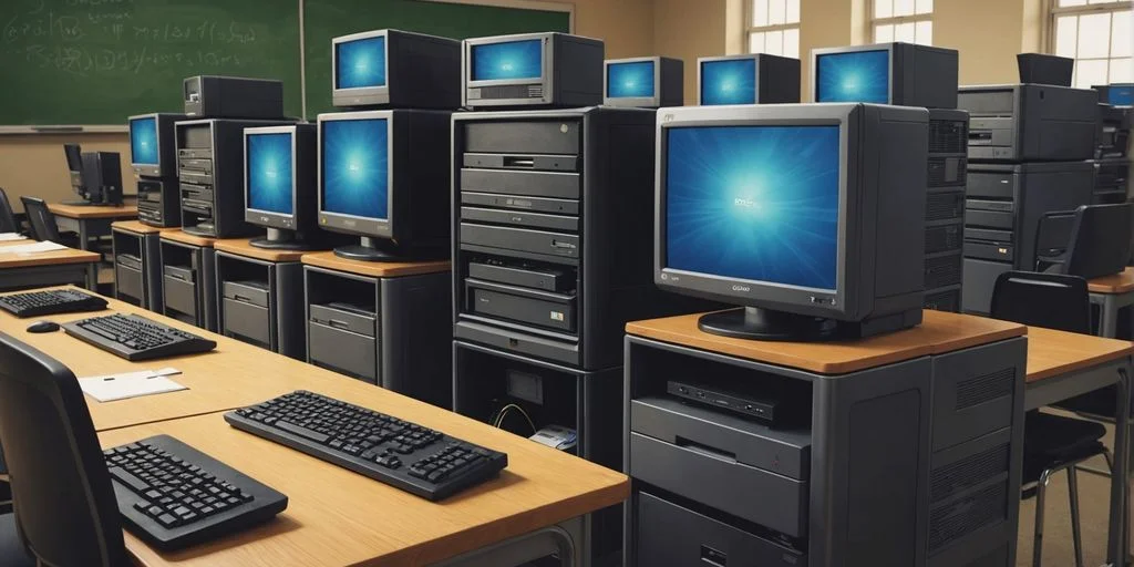 Refurbished computers in a school classroom setting.