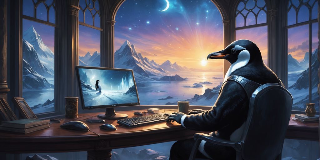 Linux penguin playing Windows game on computer screen.