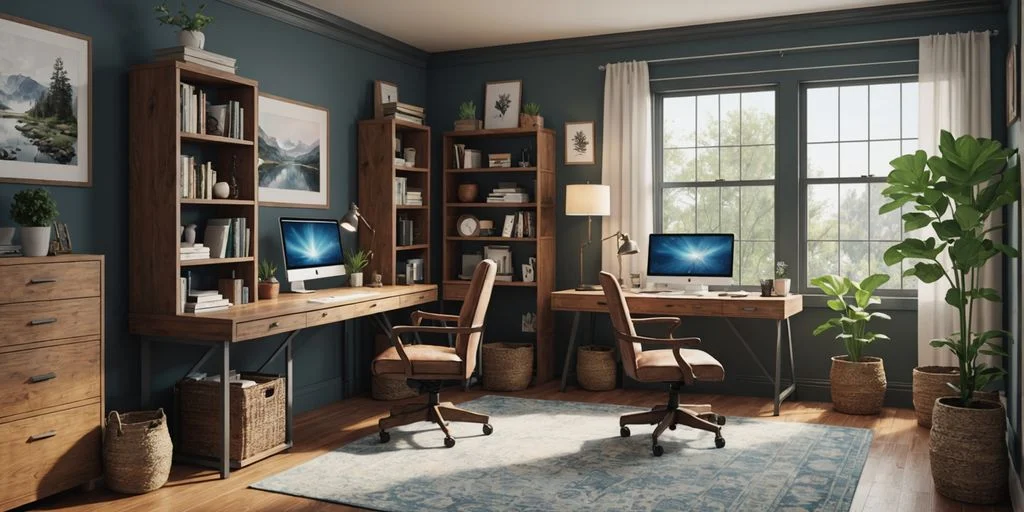 Affordable home office setup with desk, chair, and laptop.