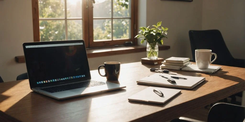 Tidy workspace with laptop and coffee displaying a fast computer