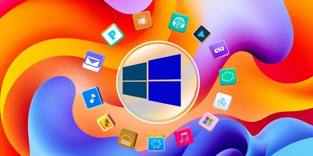 Windows 11 logo surrounded by app icons
