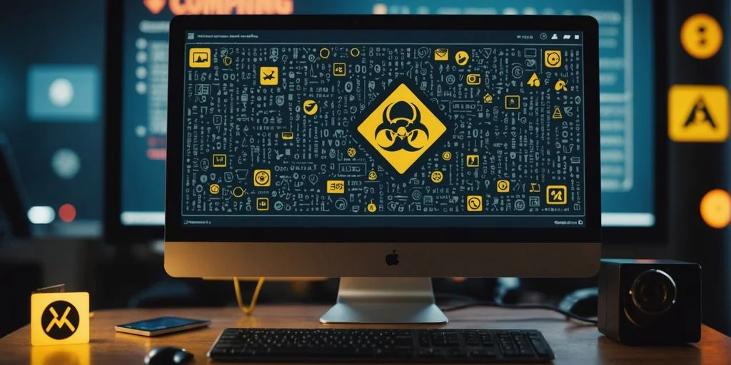 Computer with warning sign surrounded by malware icons