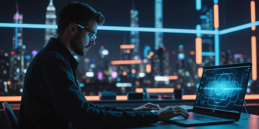 Technician fixing Wi-Fi on futuristic laptop