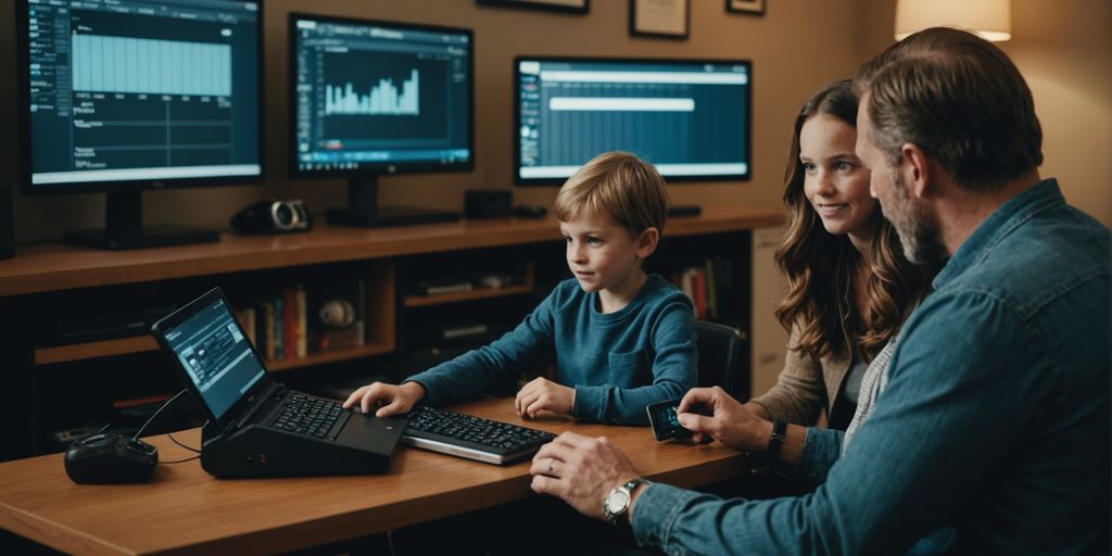 Parents setting up parental controls on various devices