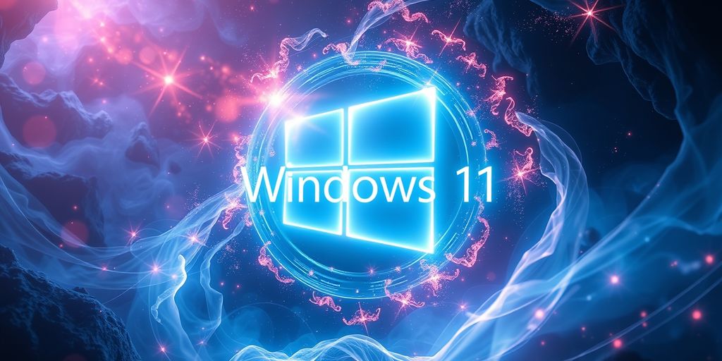 Futuristic Windows 11 logo with mystical energy fixing Windows 11 issues