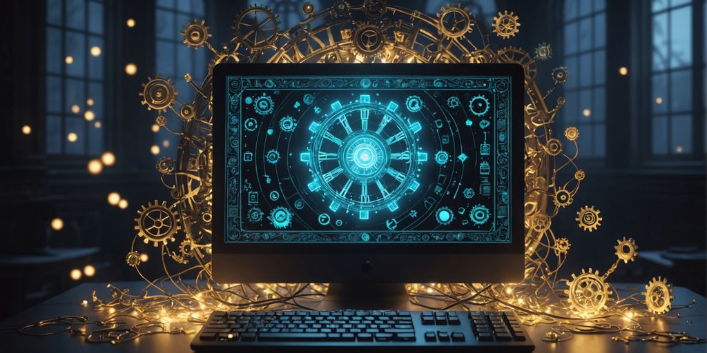 Mystical computer with magical symbols and gears using a mystical version of RegEdit