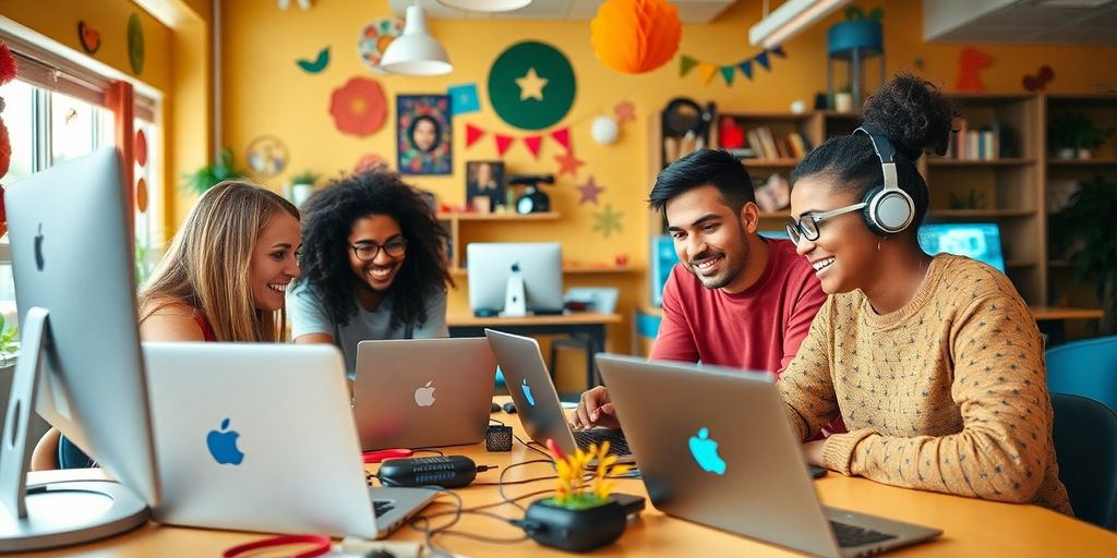 Group of friends enjoying computer-assisted hobbies together.