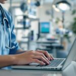 Healthcare professional working on a laptop in clinic.