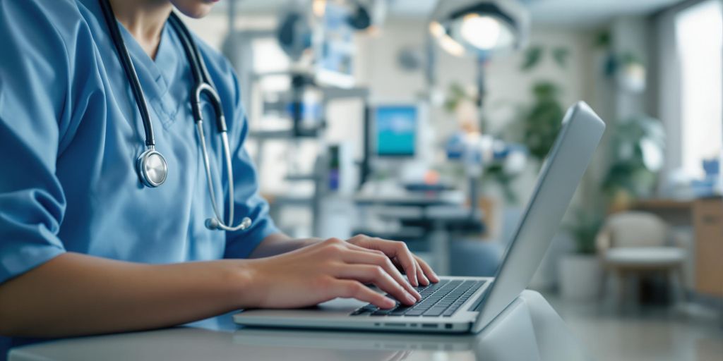 Healthcare professional working on a laptop in clinic.