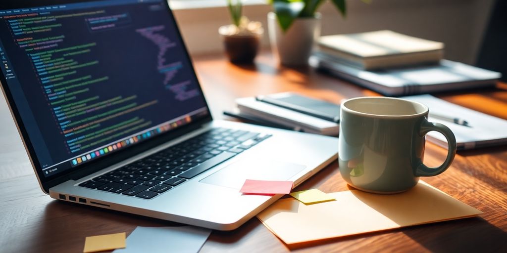 Laptop with coding notes and coffee on a desk.