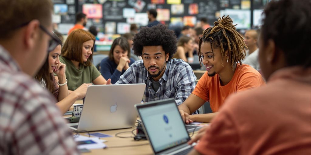 Diverse group of computer users engaged in collaborative activities.