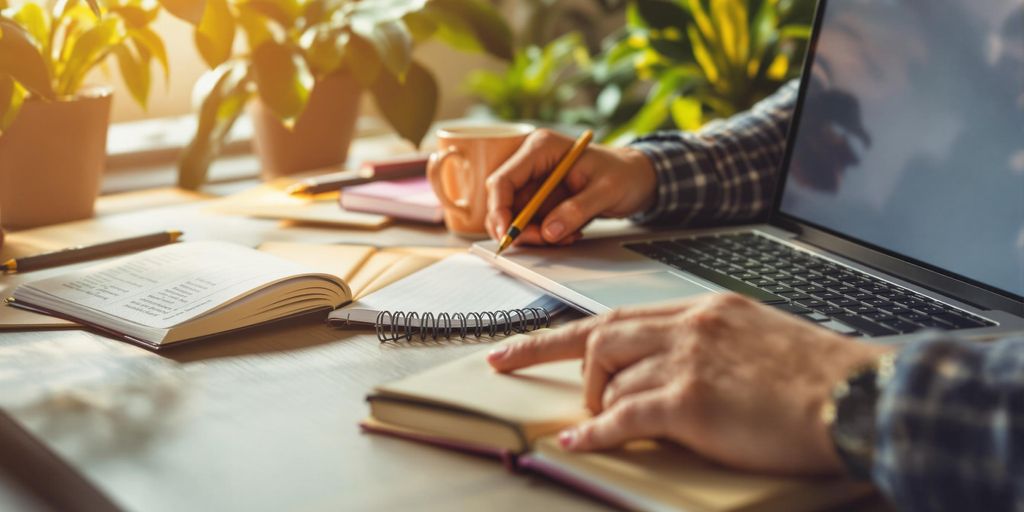 A cozy workspace with a laptop and notebooks.