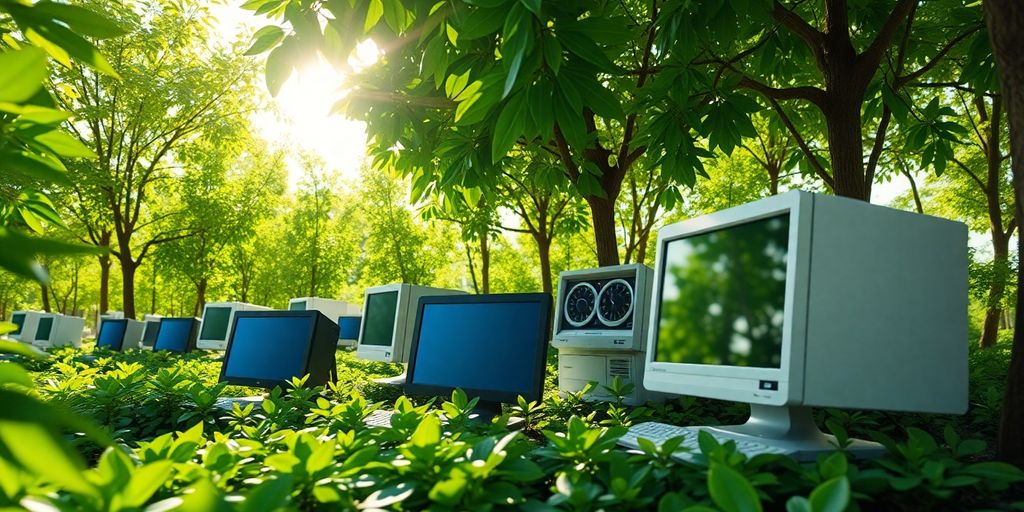 Refurbished computers in a green outdoor setting.