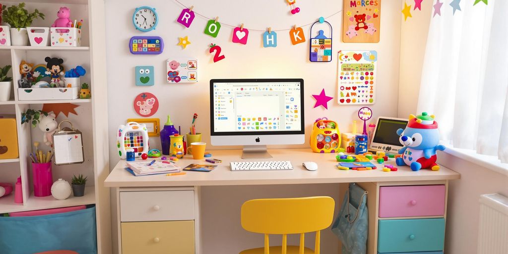 A colorful kids' workspace with a computer and toys.