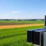 Bitcoin mining rigs in Nebraska's scenic landscape.