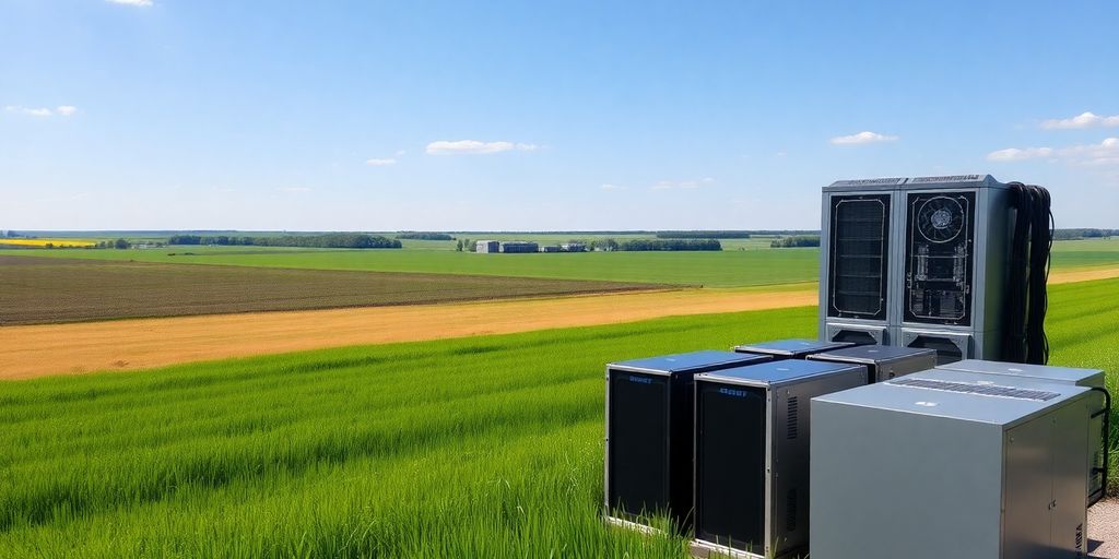 Bitcoin mining rigs in Nebraska's scenic landscape.