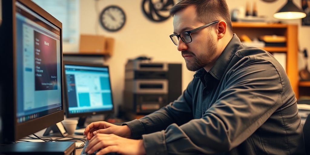 Technician maintaining a small business computer in an office.