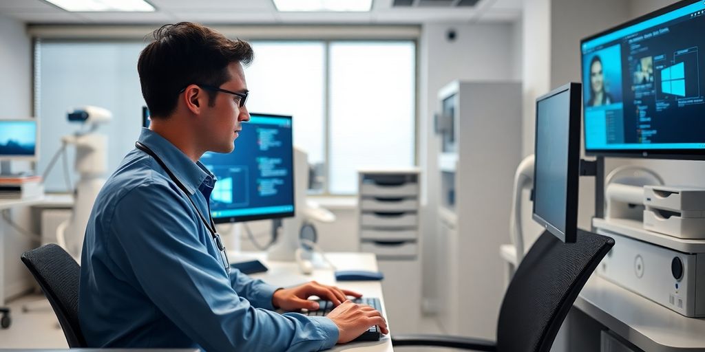 Healthcare IT professional working on a computer.