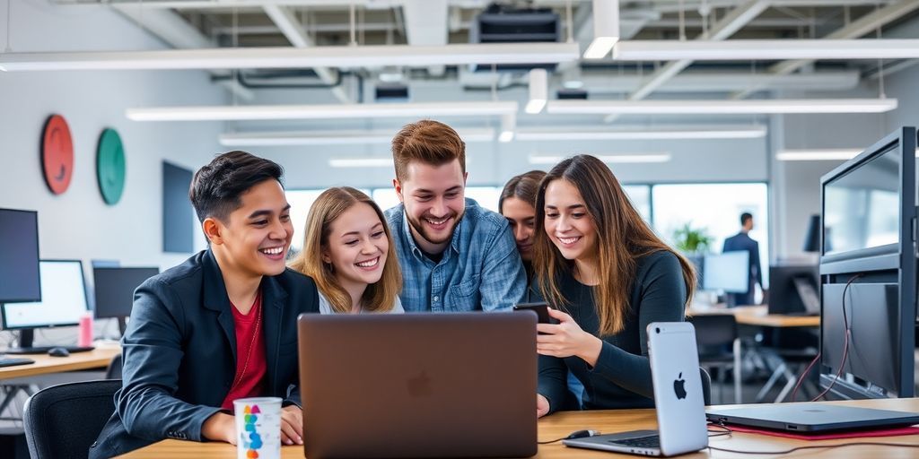 Tech startup team collaborating in a modern office setting.