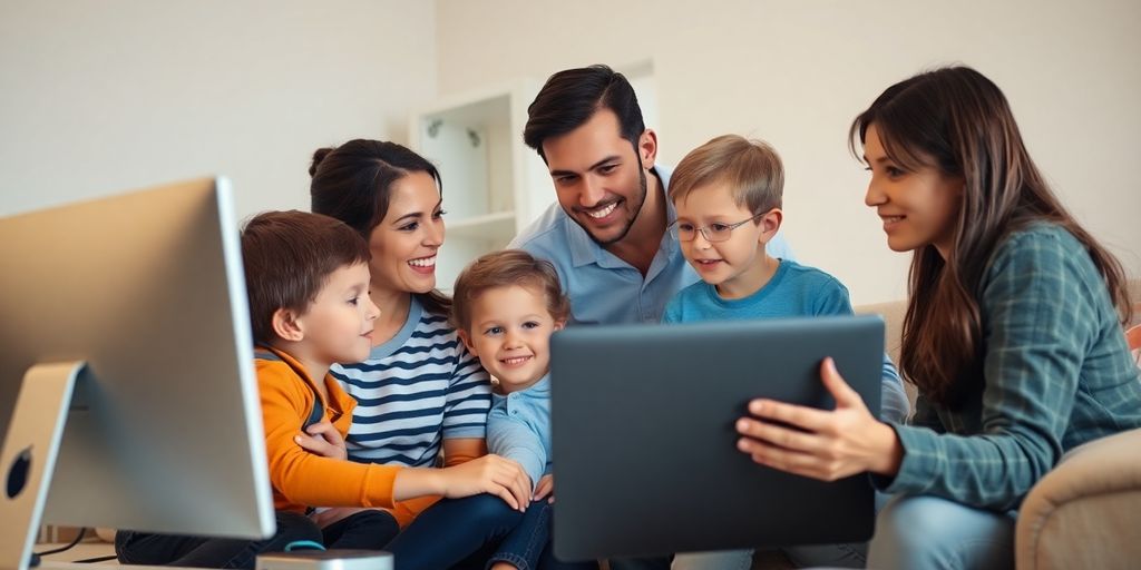 Family discussing computer use at home.