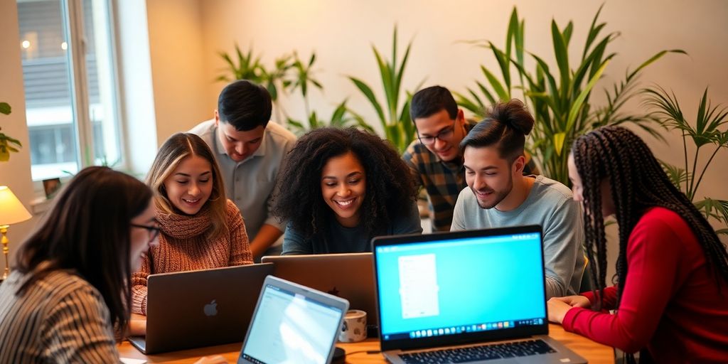 Diverse group collaborating with laptops in a community space.