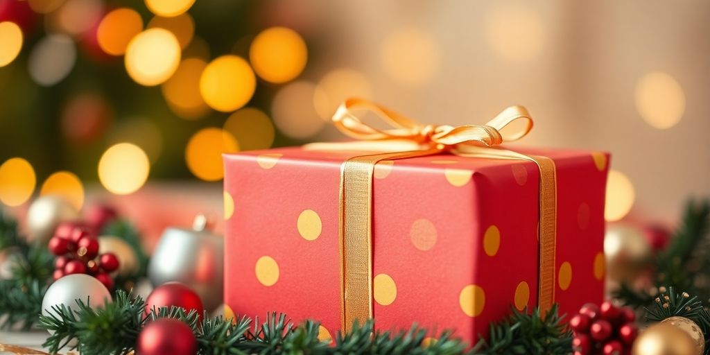 Colorful gift box with festive decorations and soft lights.