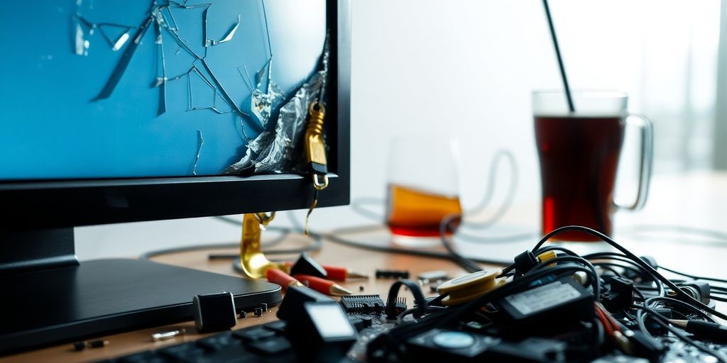 Damaged computer screen with cracks and spilled drink.