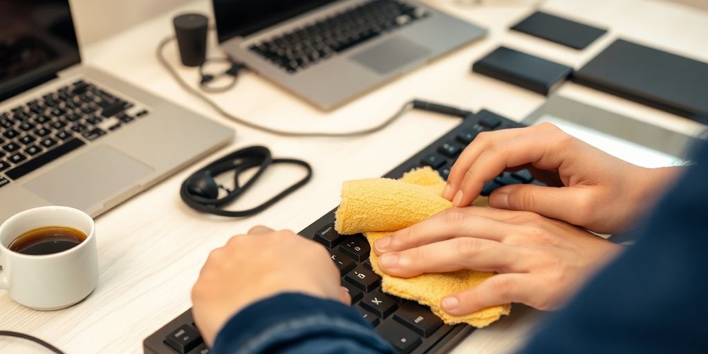 Person cleaning a computer keyboard with a brush.