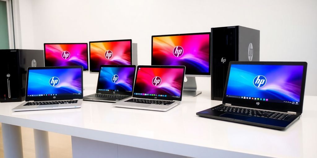 Refurbished HP laptops and desktops on a modern workspace.