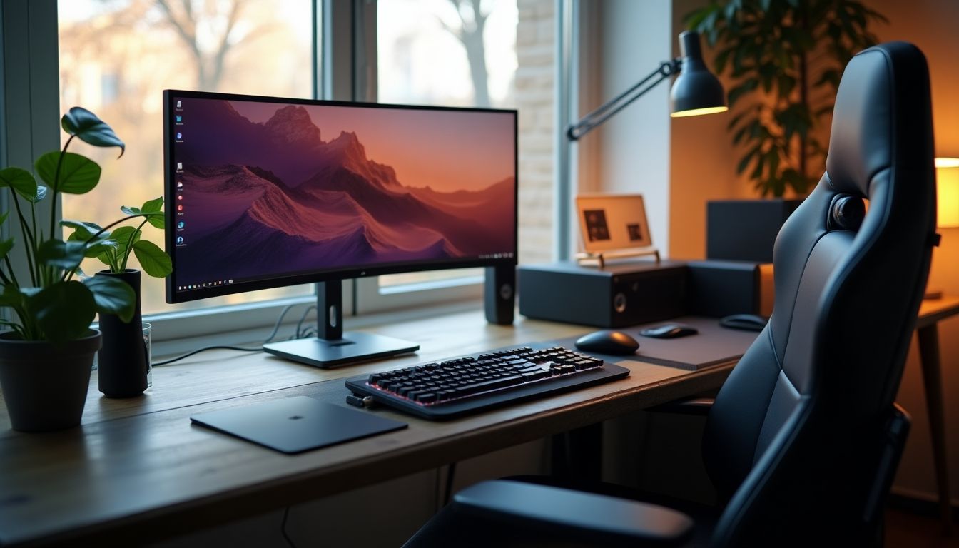 Modern computer setup with dual monitors and cozy lighting.