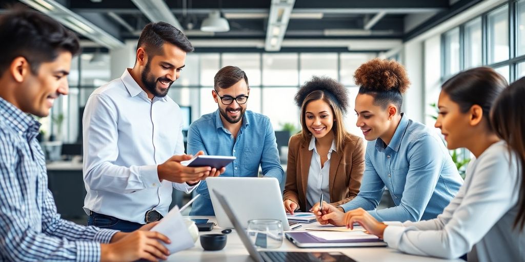 Business professionals collaborating with technology in a modern office.