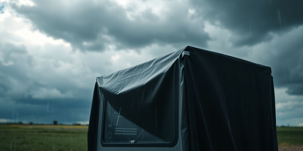 Computer covered against stormy Nebraska weather.