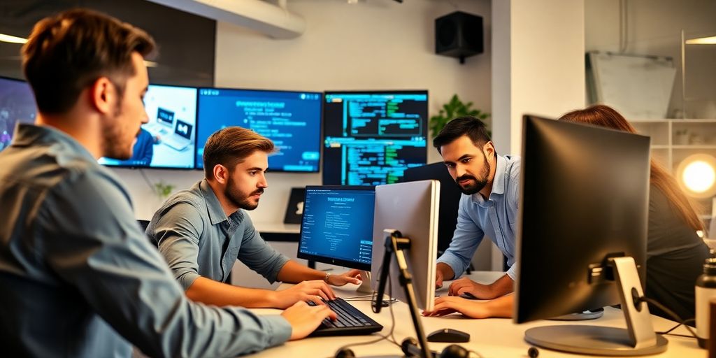 Team working on cybersecurity solutions at a computer workstation.