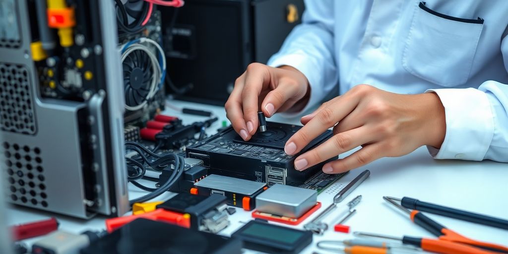 Technician repairing a computer in a tech workspace.