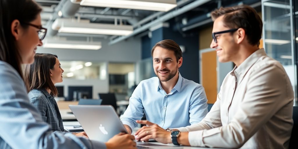 Consultants collaborating in a modern tech office setting.