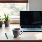 Cozy home office with a laptop and coffee.