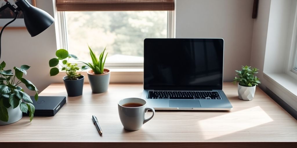 Cozy home office with a laptop and coffee.