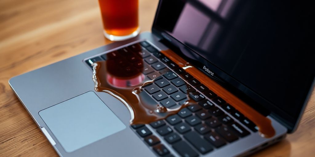 Laptop with spilled drink on the keyboard.